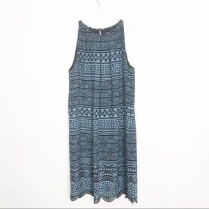 Loft black/blue print dress scalloped hem size 2